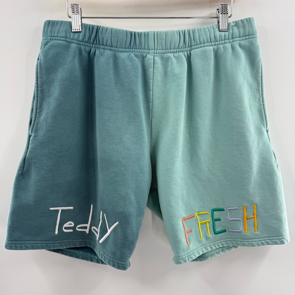 Teddy Fresh Split Color Block Embroidered Sweat Shorts Blue Green Size Medium